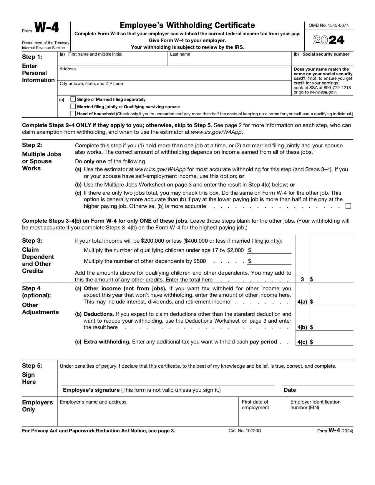 IRS 2024 FORM W-4 Employee's Withholding Certificate