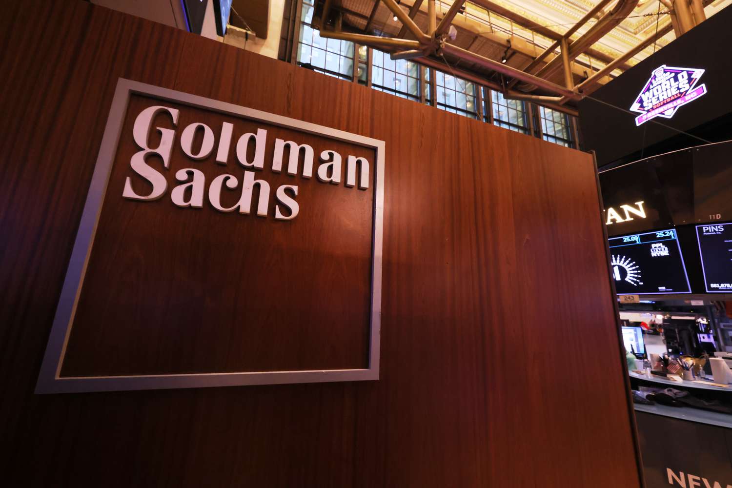The Goldman Sachs logo is seen at the New York Stock Exchange during morning trading on August 25, 2023