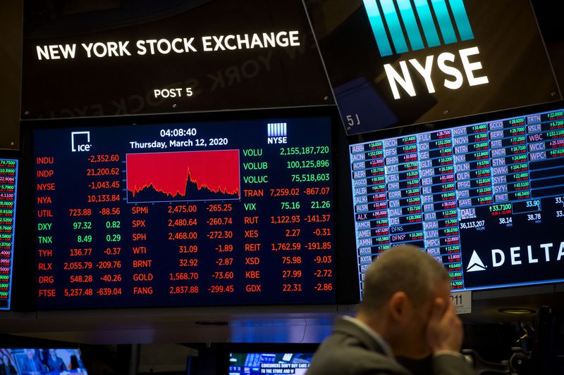 Stock trader holds head in frustration over stock market plunging amid selloff trading.