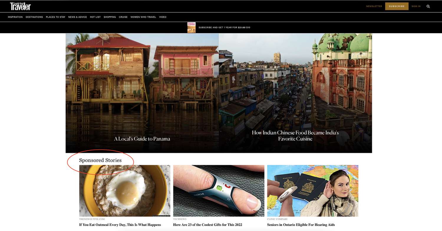 Screenshot of sponsored stories on CondÃ© Nast Traveler