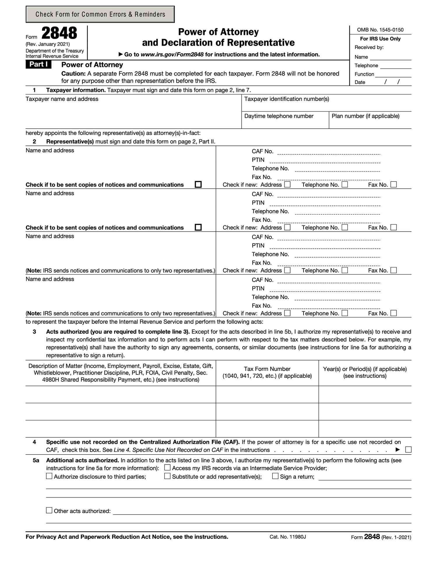 Form 2848, revised January 2021.