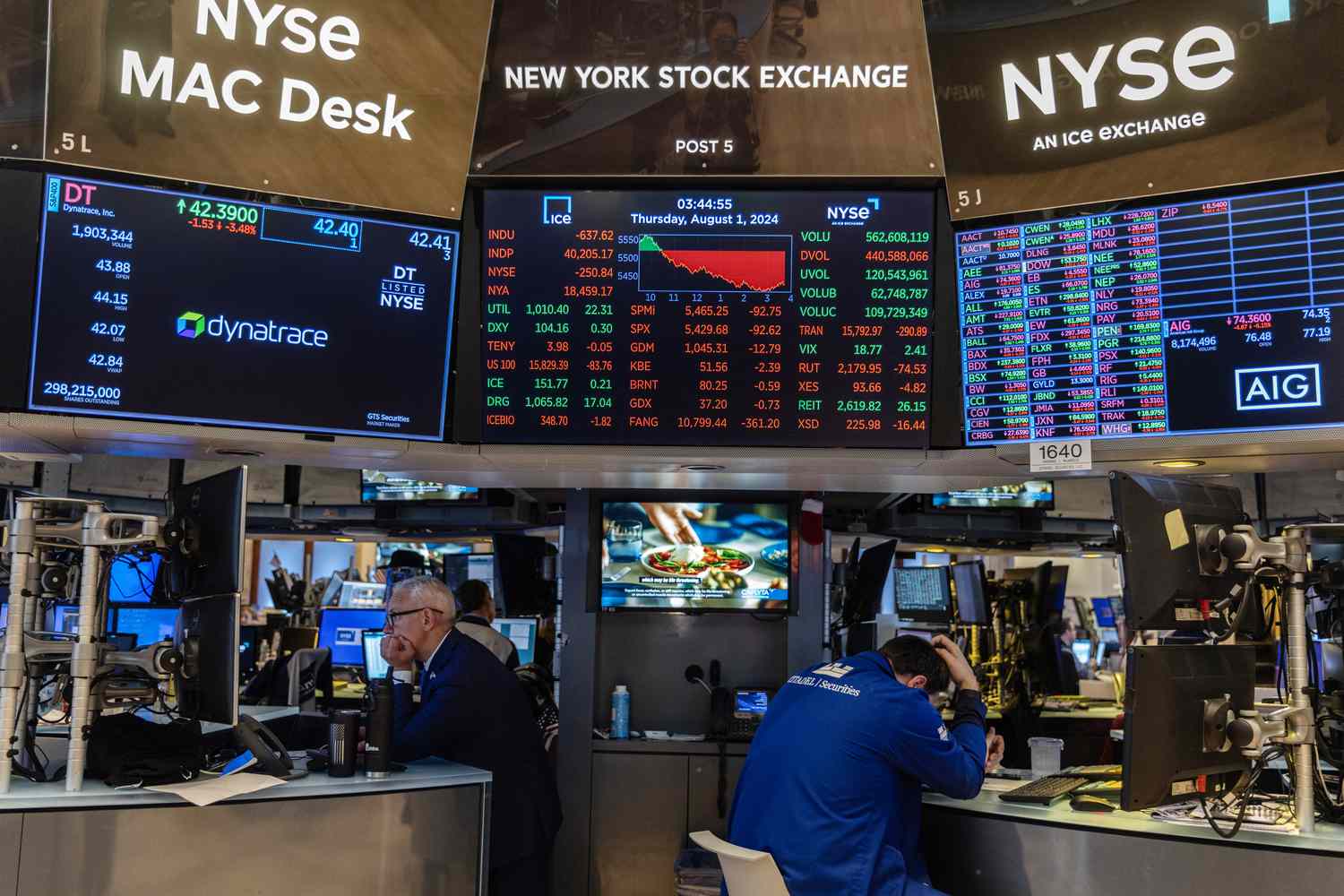 Traders work at desks on the floor of the New York Stock Exchange, sitting beneath screens displaying stock data. 