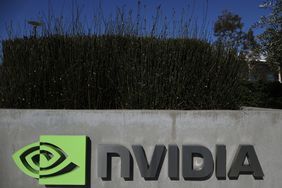 The Nvidia logo is seen on a sign outside the company's headquarters.