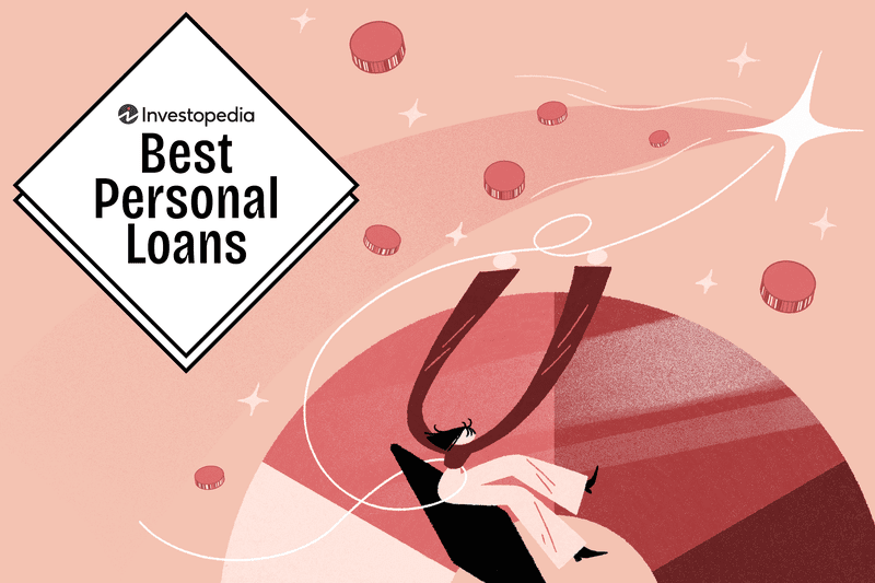 The image features a graphic with the title “Investopedia Best Personal Loans” inside a diamond-shaped white area. Surrounding it are stylized illustrations of coins, sparkles, and a person being lifted by a large magnet-like object, symbolizing financial attraction or solutions. The background is in shades of pink and red, suggesting themes of monetary assistance or credit-related topics.