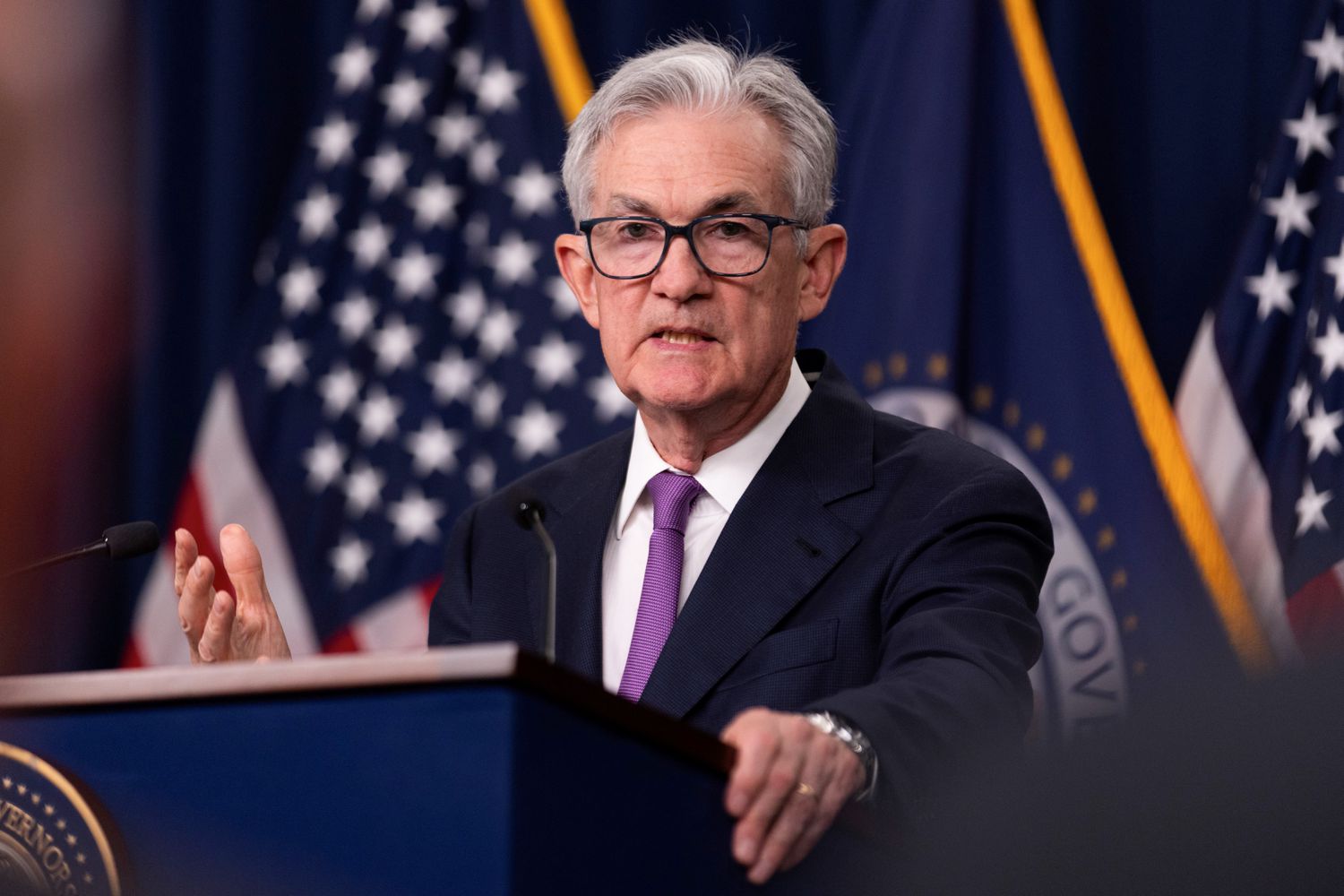Federal Reserve Chair Jerome Powell holds a press conference in Washington, D.C., in September 2023