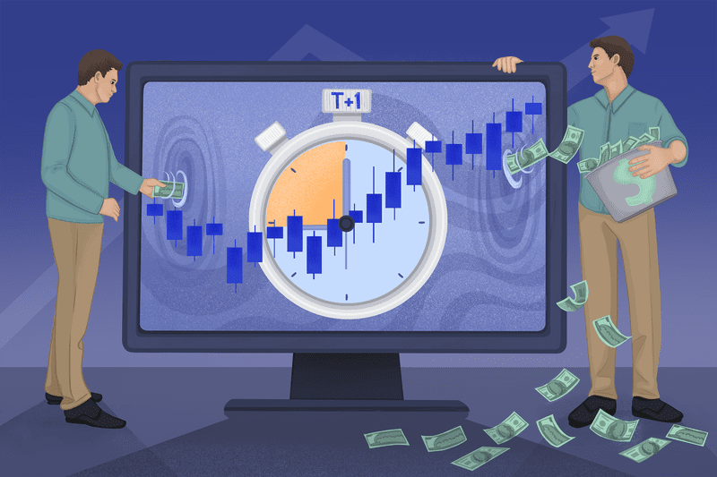 Illustration depicting stock trading settlement, with a dollar bill deposited in one side of a screen that has a clock face with T+1 label and many bills coming out of the other side and deposited in a basket.