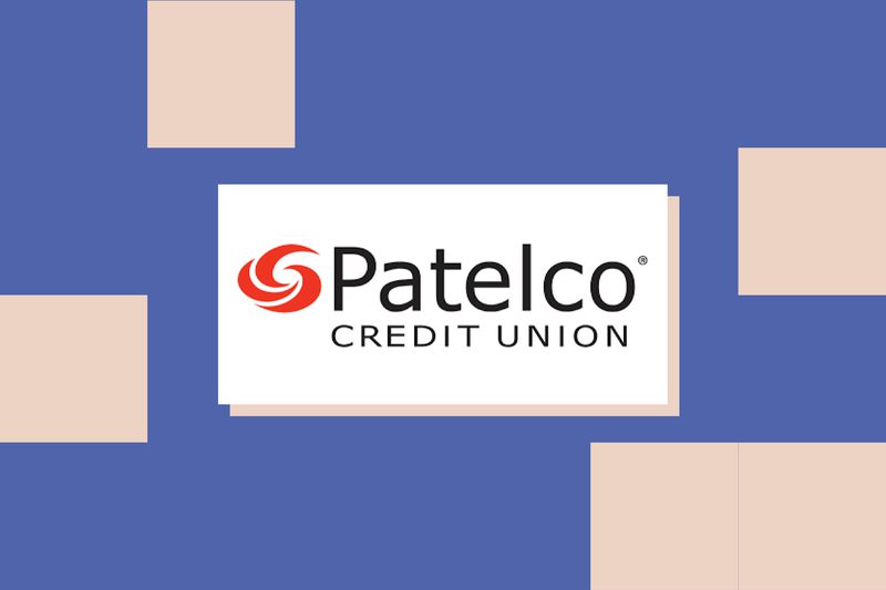 The Patelco Credit Union logo is at rest over a blue and light peach field of squares.