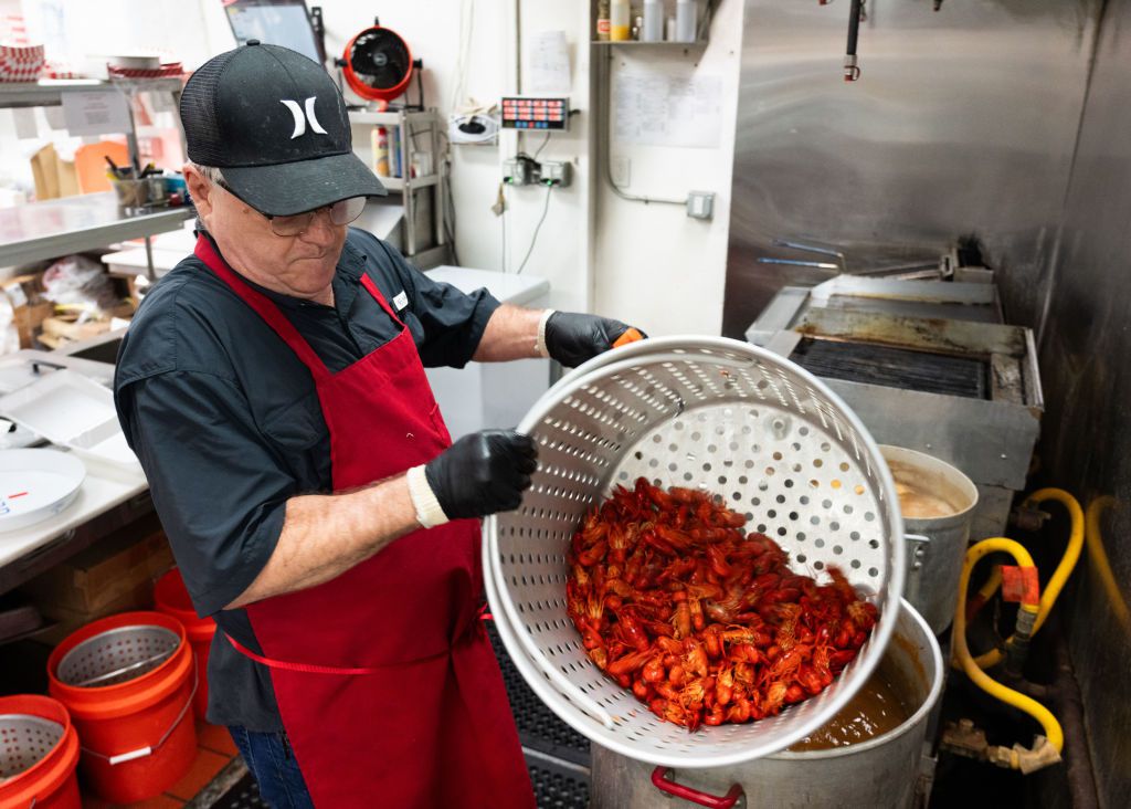 Roberty Findley prepares freshly boiled crawfish at Crawfish Nick's Lake Conroe, Wednesday, Jan. 24, 2024, in Conroe. 