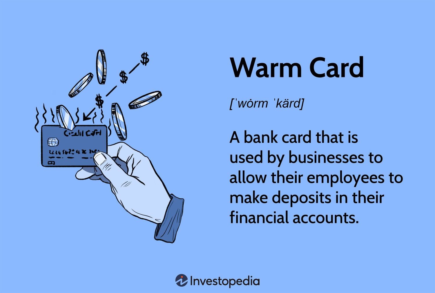 Warm Card: A bank card that is used by businesses to allow their employees to make deposits in their financial accounts.