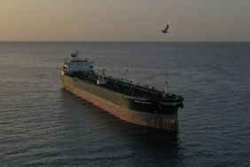 The UK-flagged crude oil tanker ENERGY COMMANDER is moored off the shores of the Mediterranean port of Limassol.