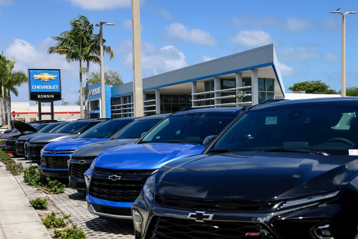 Several blue and black Chevrolet vehicles are seen outside a dealership building.