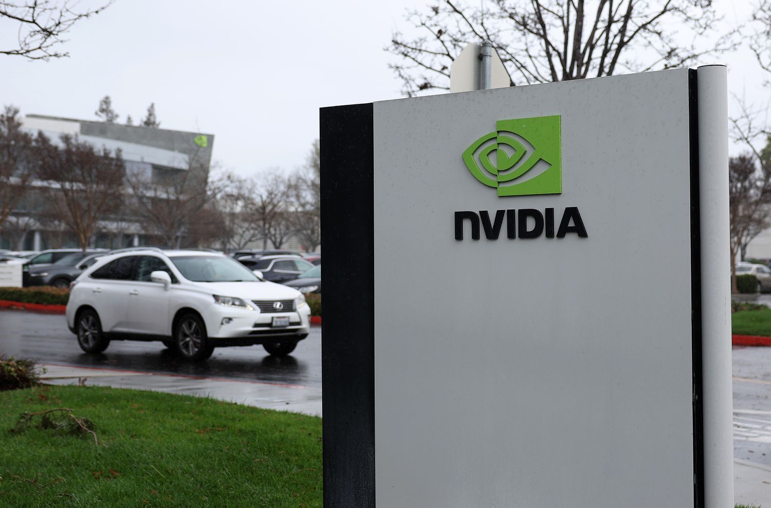 The Nvidia logo on a sign outside of the company's headquarters.