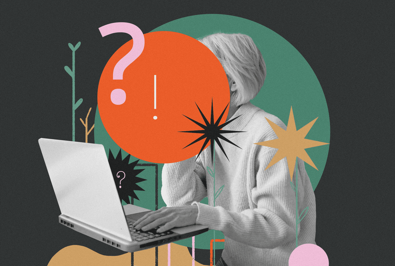 Person using a laptop, surrounded by abstract shapes and symbols like question marks and exclamation points to illustrate thinking about an investment decision.