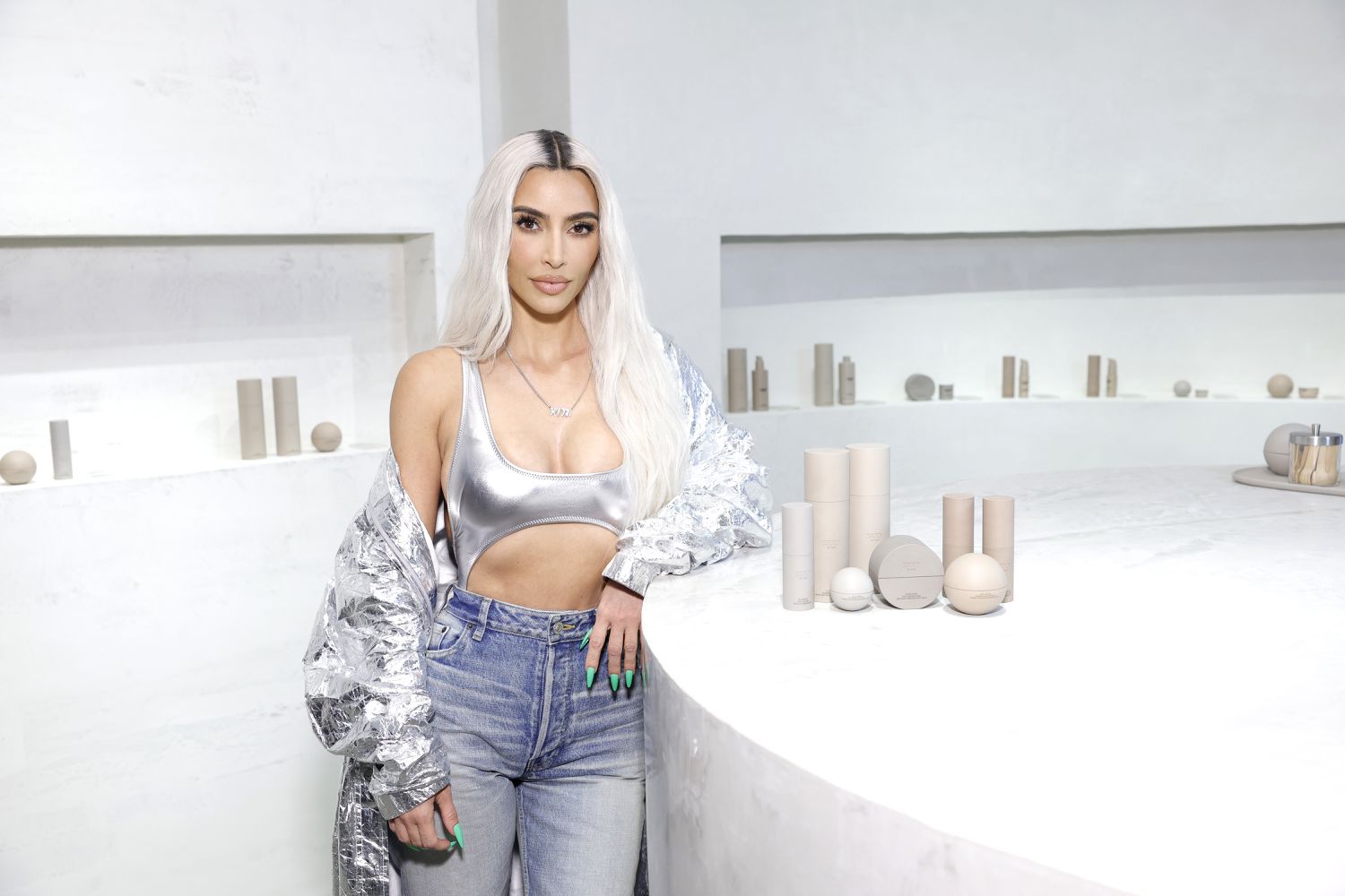 Kim Kardashian at a SKKN by KIM pop-up store. 