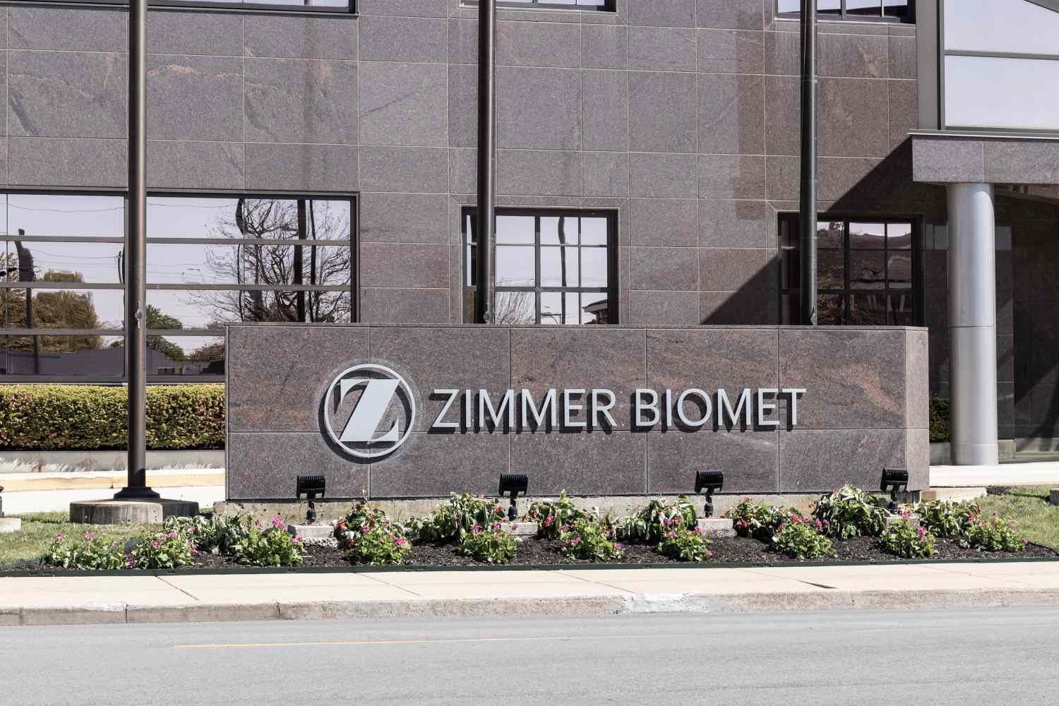 A Zimmer Biomet sign on its headquarters building. 