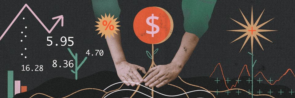 Illustration of hands nurturing a plant with financial symbols and charts in the background.