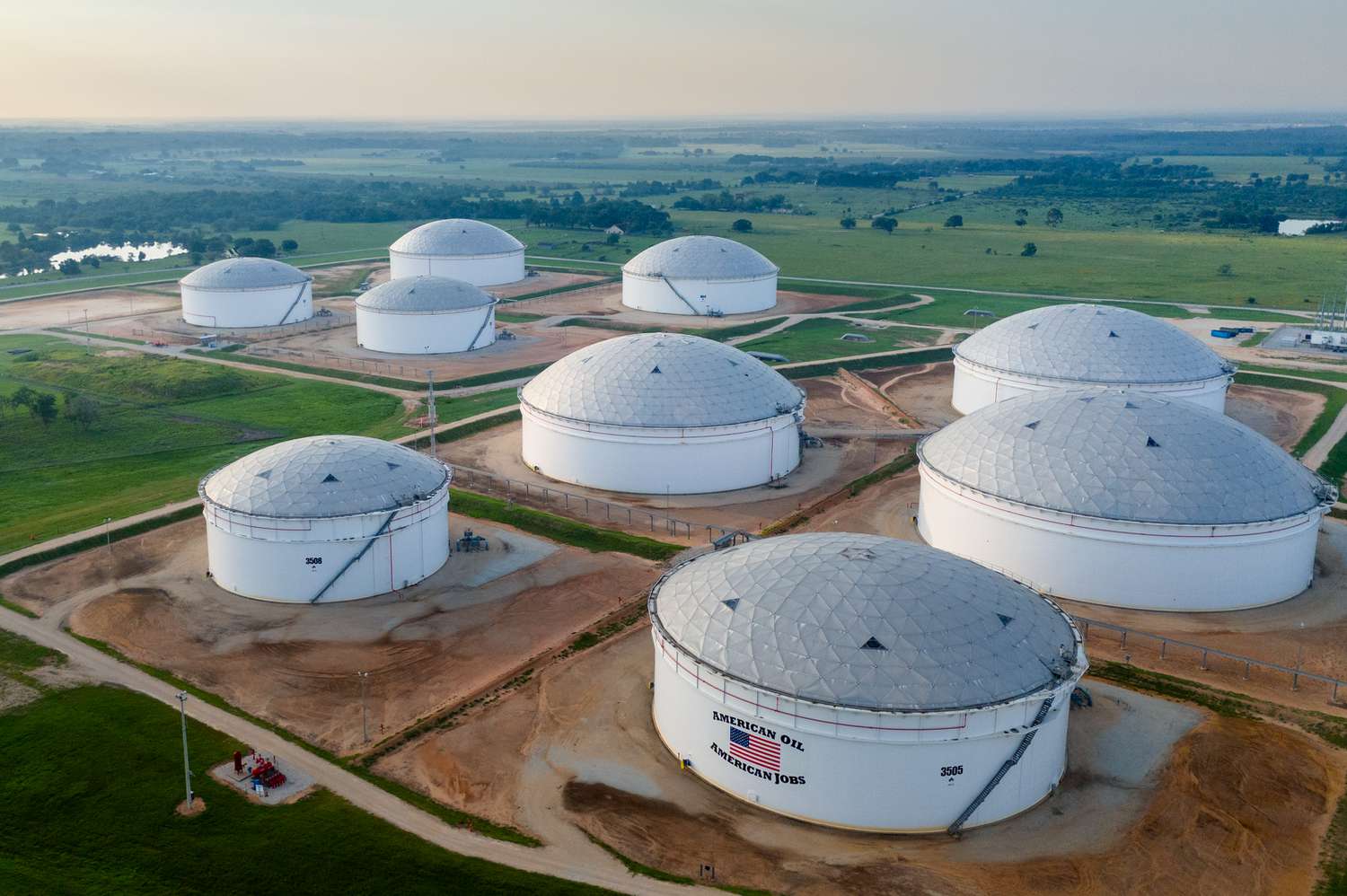  oil storage tanks at the Enterprise Sealy Station are see on June 14, 2024 in Sealy, Texas.