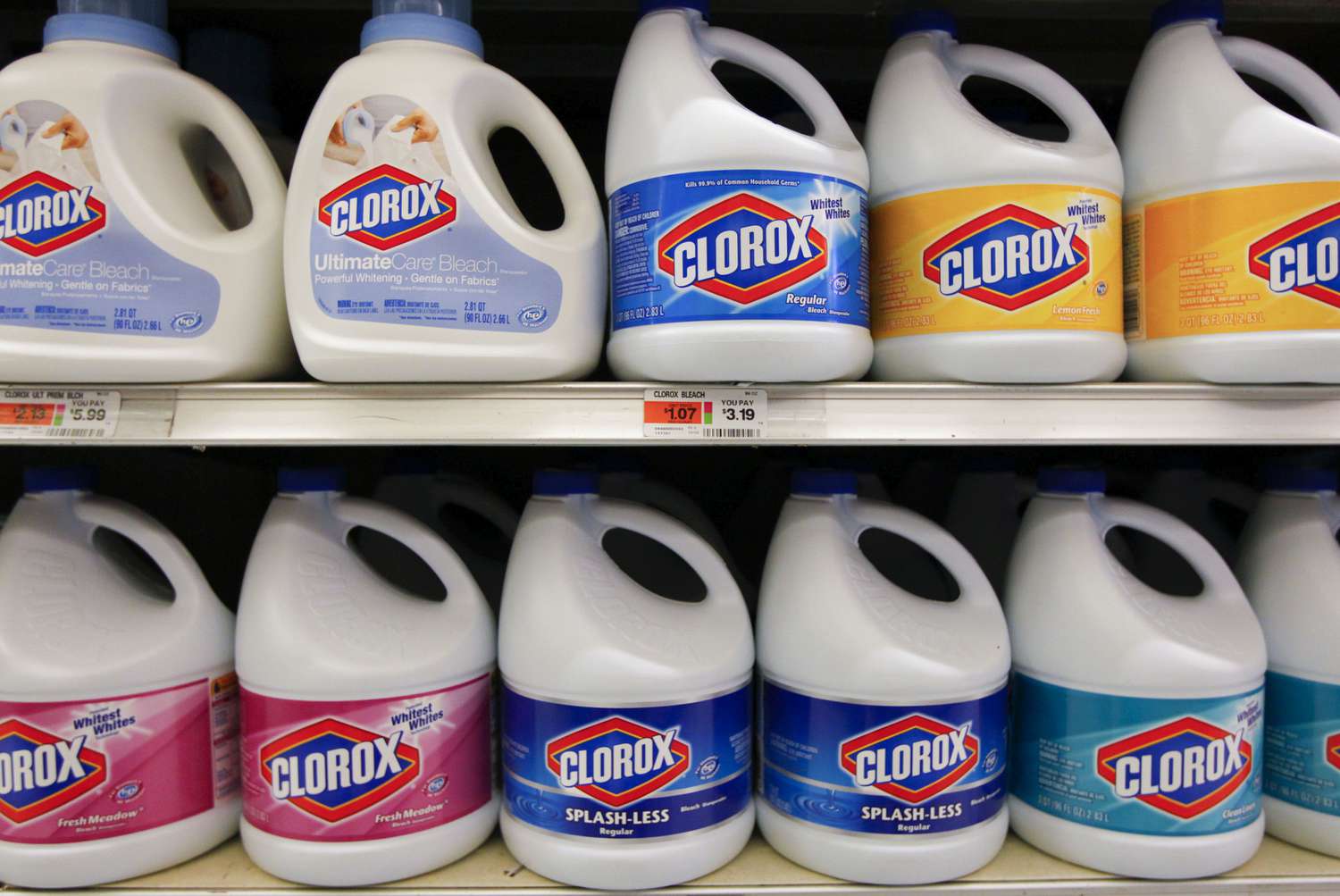 Clorox bleach bottles on a store shelf