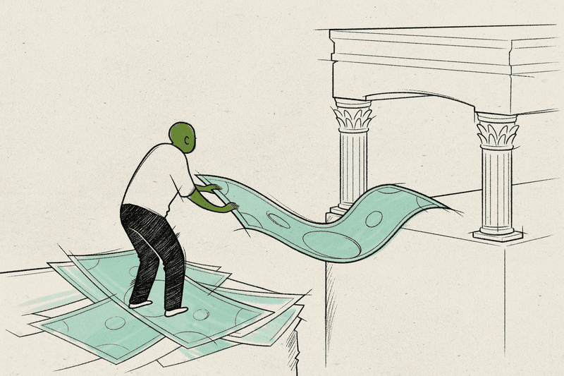 Illustration of a man with a dollar, making a bridge with it.