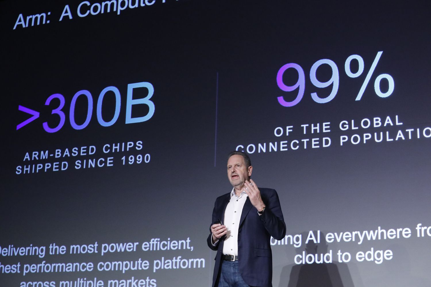 Arm Holdings CEO Rene Haas talks on stage with text about the company's accomplishments on a screen behind him.