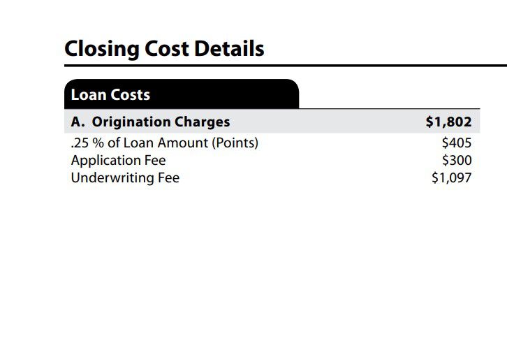 Loan estimate page 2, box showing origination charges
