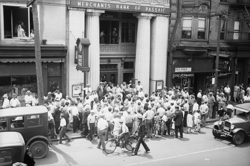 A crowd of people gather in front of a bank during the market crash of 1929.