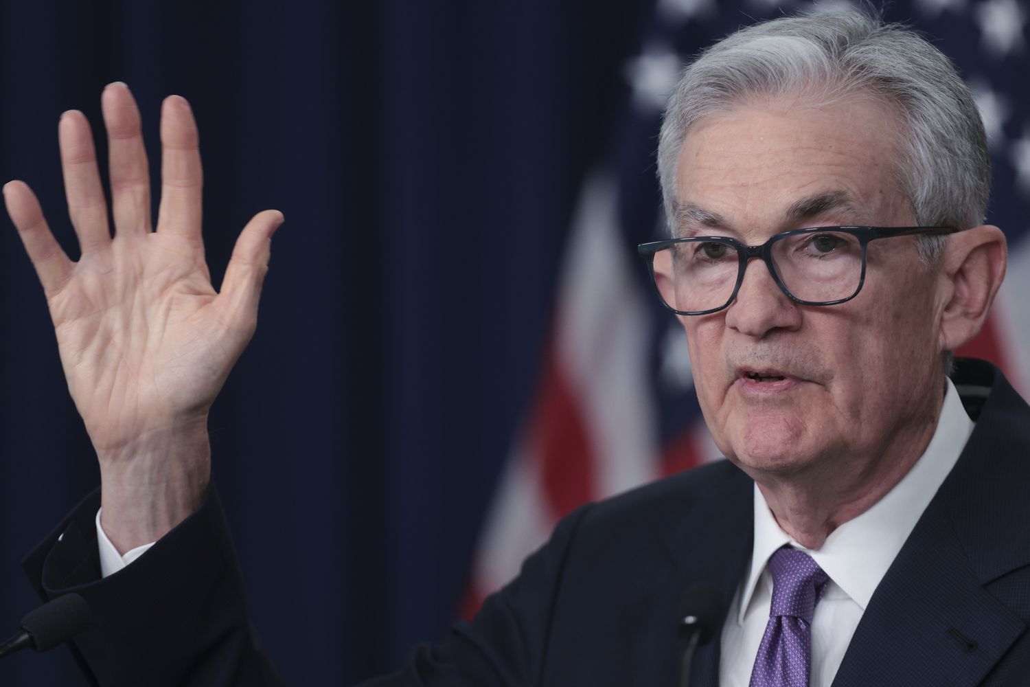 U.S. Federal Reserve Board Chairman Jerome Powell speaks during a news conference at the headquarters of the Federal Reserve on December 13, 2023 in Washington, DC. The Federal Reserve announced today that interest rates will remain unchanged. 