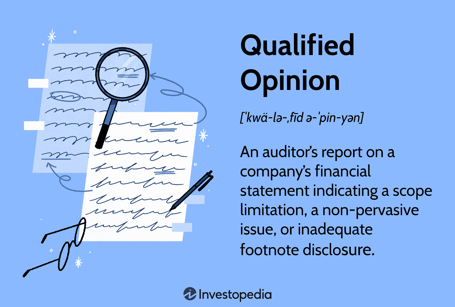 Qualified Opinion: An auditor’s report on a company’s financial statement indicating that there was either a scope limitation, an issue discovered that was not pervasive, or an inadequate footnote disclosure.