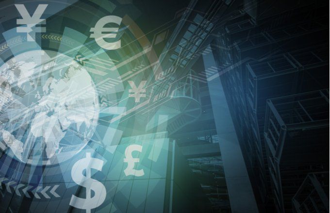 A graphic depicting different currencies superimposed on a stark image of a buildings staircase leading upwards.