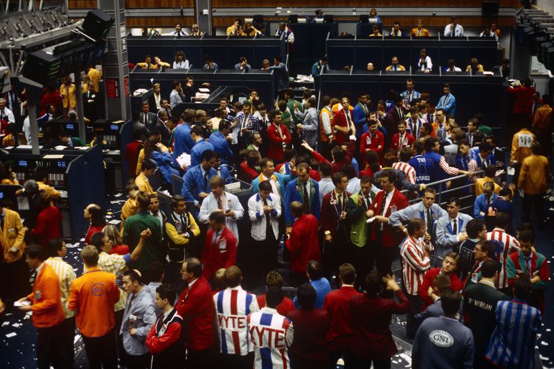 Futures traders on the floor of an exchange
