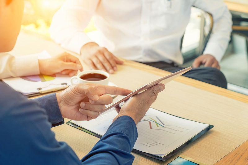 Business Team Present. Photo Professional Investor Working New Startup Business Project. Finance Business Meeting. Digital Tablet Laptop Computer Smart Phone Using.