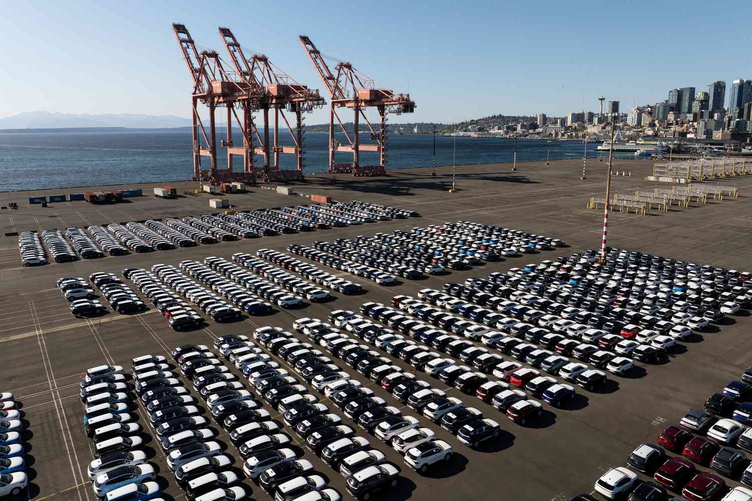 New Hyundai and Kia vehicles at the Port of Seattle in Seattle on April 16, 2025