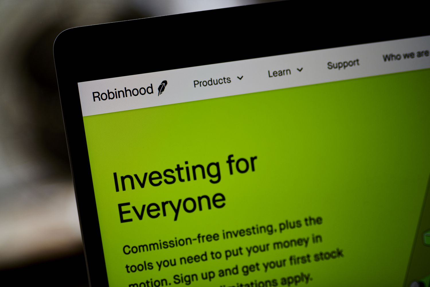 The Robinhood website home screen on a laptop computer arranged in the Brooklyn borough of New York, U.S.,