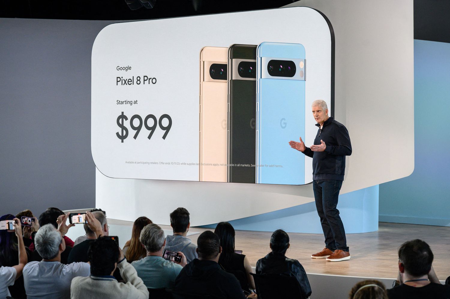 Rick Osterloh, a Google senior vice president, introduces the Google Pixel 8 Pro smartphones at a launch on Oct. 4, 2023