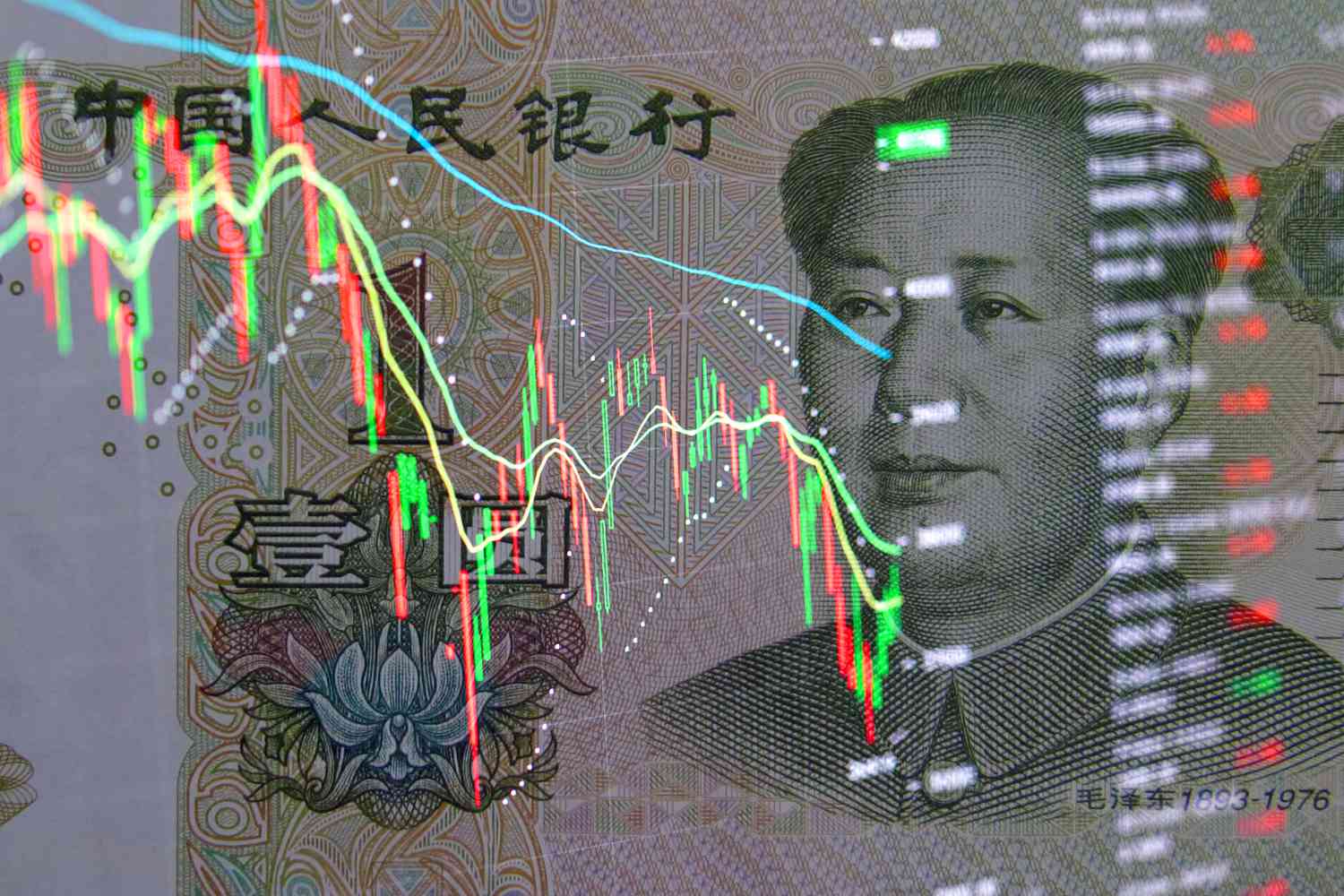 Yuan banknote on background of stock charts