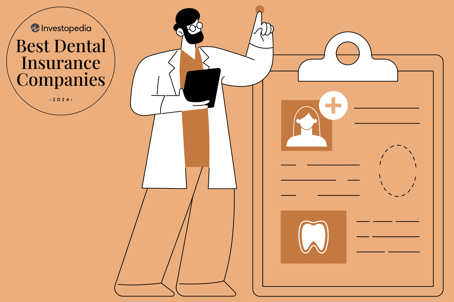 Illustration of man in lab coat and giant clipboard with patient dental record