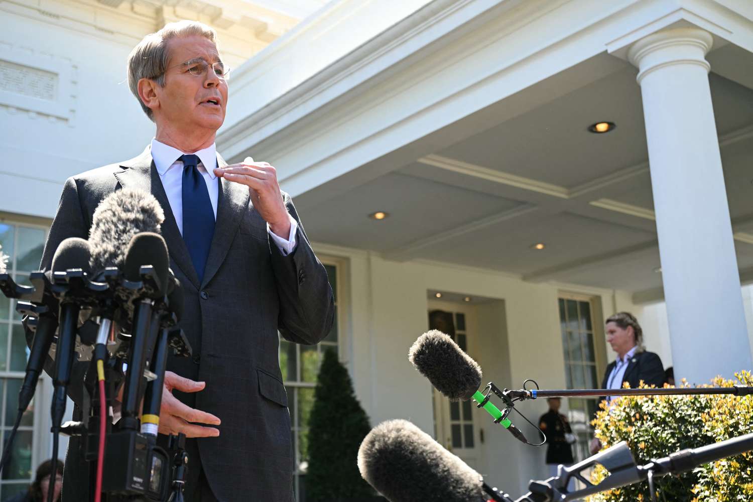 US Treasury Secretary Scott Bessent speaks to the press outside the West Wing of the White House in Washington, DC, on April 9, 2025. 