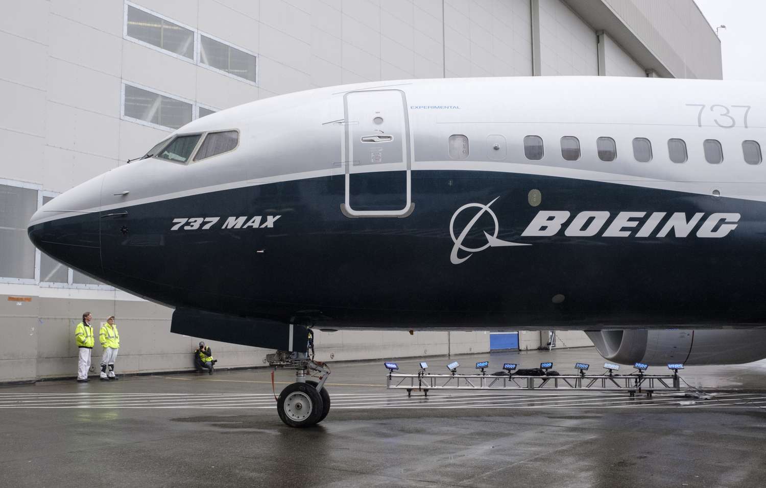 Close up of nose of a Boeing 737 MAX 7 aircraft.