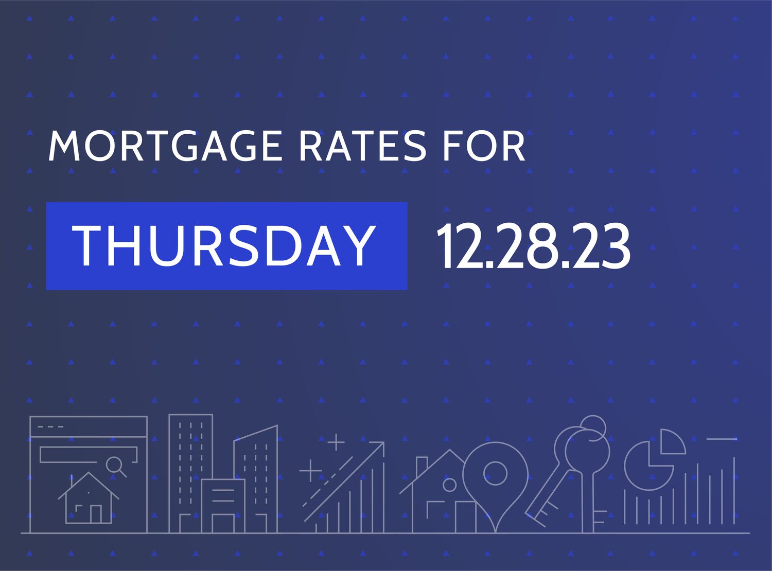 Custom illustration shows title "Mortgage rates for Wednesday 12.27.23" on a dark blue background with white line images of a house, buildings, graph with upward arrows, keys, and pie charts.