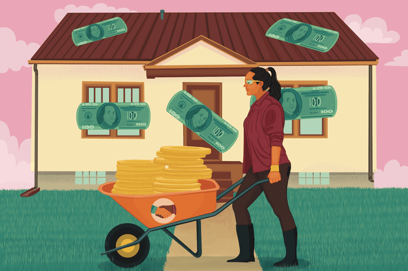 Person pushing a wheelbarrow filled with coins, in front of a house. 