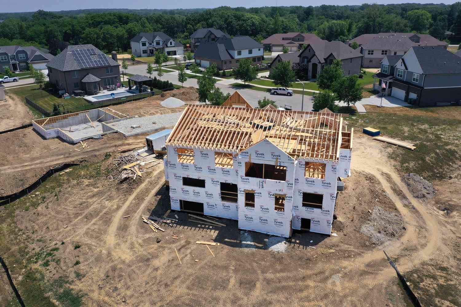 An aerial view shows a home under construction at a housing development on June 21, 2023 in Lemont, Illinois.