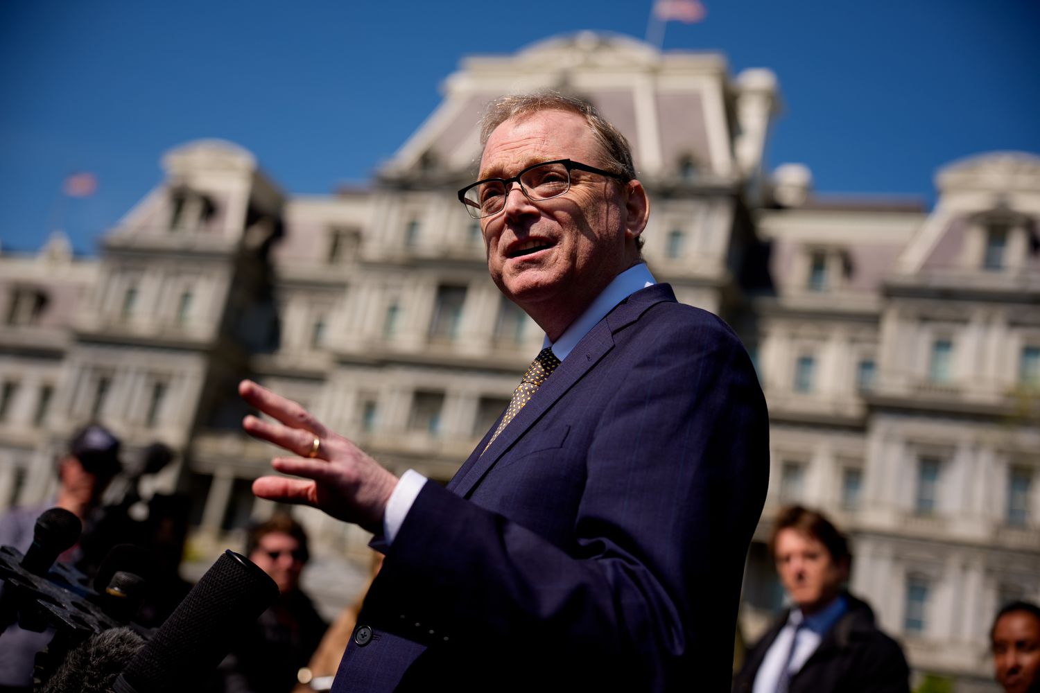 White House National Economic Council Director Kevin Hassett speaks outside the White House West Wing on April 18, 2025