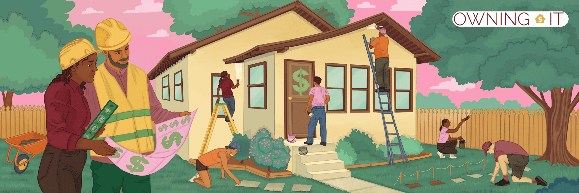 A crew works on renovating a home. The homeowner stands at the front door, which has a dollar sign painted on it.