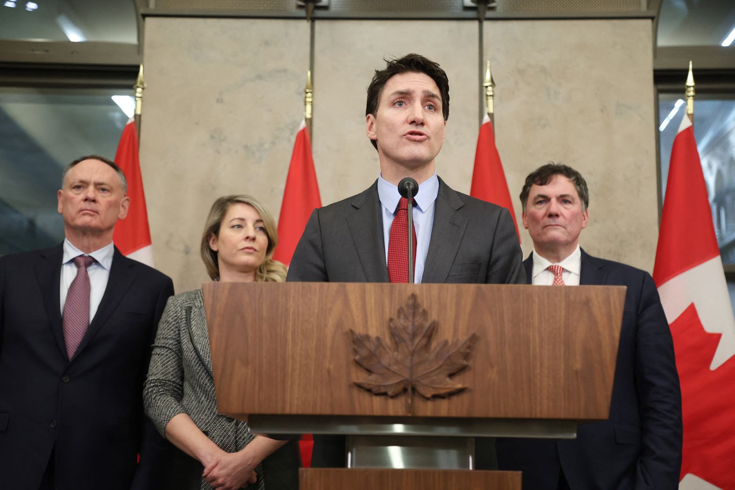 Canadian Prime Minister Justin Trudeau during a news conference on Feb. 1, 2025 on Parliament Hill in Ottawa, Canada
