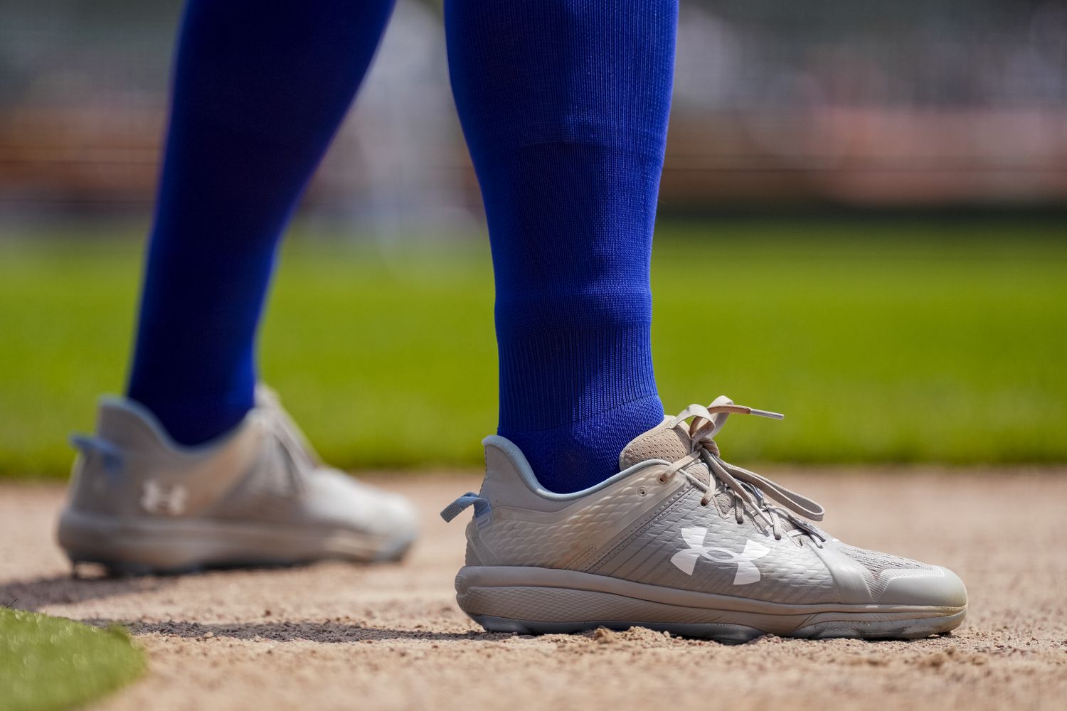 A detail of the Under Armour cleats worn by Bobby Witt Jr. of the Kansas City Royals against the Detroit Tigers at Comerica Park on August 4, 2024 in Detroit, Michigan