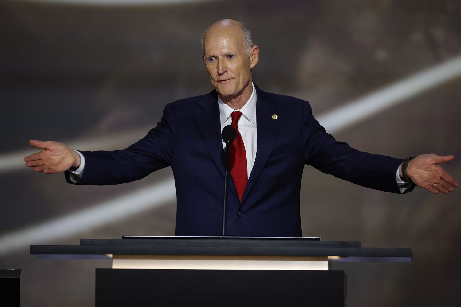 MILWAUKEE, WISCONSIN - JULY 16: U.S. Sen. Rick Scott (R-FL) speaks on stage on the second day of the Republican National Convention at the Fiserv Forum on July 16, 2024 