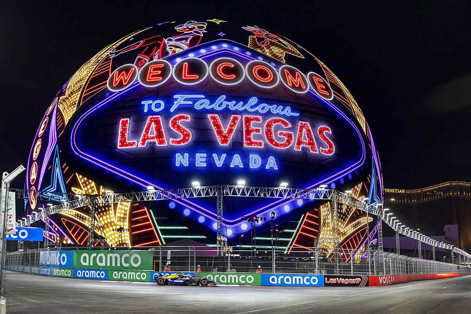 A race car navigates around the Sphere during the qualifying round for the Formula 1 Las Vegas Grand Prix on Nov. 22, 2024, in Las Vegas