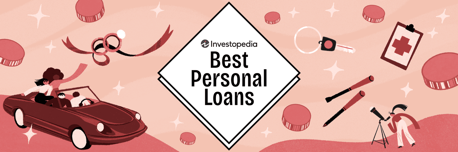 The image features a stylized illustration with the title “Best Personal Loans” by Investopedia in a central diamond-shaped frame. The scene highlights various uses for personal loans, such as a car (depicted with people riding in it), a clipboard with a medical cross symbol, pens, a key, and a telescope being used by a person. The background has a warm peach tone with scattered coins, ribbons, and sparkles, creating a cohesive and inviting financial theme.