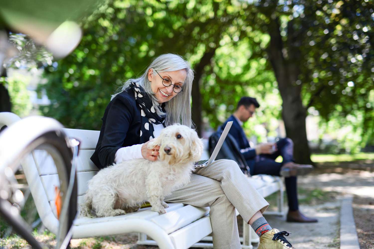 A retiree sits on a bench with a laptop and a dog