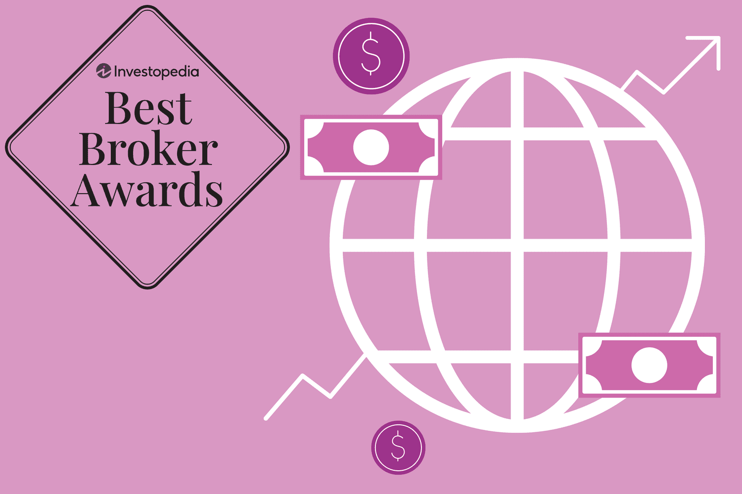 Image shows "Best Broker Awars in top left corner, with different forms of currency floating around a globe outline to the right.